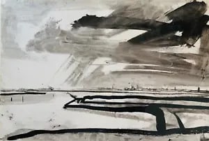 Extensive View of Yorkshire by David Smith. Ink / W/col. ca. 1955: David Smith 1920-1998 Painter using a richly Expressionist palette, draughtsman, printmaker and teacher, born in Lowestoft, Suffolk, where he attended the Technical School, also Lowestoft and Norwich