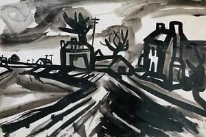 View of Norfolk by David Smith. Ink / W/col. ca. 1955: David Smith 1920-1998 Painter using a richly Expressionist palette, draughtsman, printmaker and teacher, born in Lowestoft, Suffolk, where he attended the Technical School, also Lowestoft and Norwich