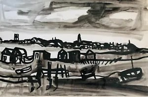 View of Norfolk by David Smith. Ink / W/col. ca. 1955: David Smith 1920-1998 Painter using a richly Expressionist palette, draughtsman, printmaker and teacher, born in Lowestoft, Suffolk, where he attended the Technical School, also Lowestoft and Norwich