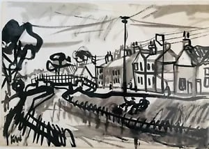 View of Norfolk by David Smith. Ink / W/col. ca. 1955: David Smith 1920-1998 Painter using a richly Expressionist palette, draughtsman, printmaker and teacher, born in Lowestoft, Suffolk, where he attended the Technical School, also Lowestoft and Norwich