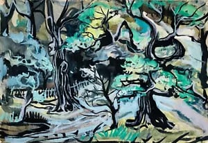 A View of Hampstead, London by David Smith. Ink / W/col. ca. 1954: David Smith 1920-1998 Painter using a richly Expressionist palette, draughtsman, printmaker and teacher, born in Lowestoft, Suffolk, where he attended the Technical School, also Lowestoft and Norwich