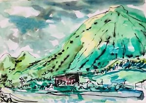 David Smith. Mountainous view, Japan. W/col. ca. 1960s.: David Smith 1920-1998 Painter using a richly Expressionist palette, draughtsman, printmaker and teacher, born in Lowestoft, Suffolk, where he attended the Technical School, also Lowestoft and Norwich