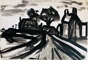 View with Cottages, Norfolk by David Smith. Ink / W/col. ca. 1956: David Smith 1920-1998 Painter using a richly Expressionist palette, draughtsman, printmaker and teacher, born in Lowestoft, Suffolk, where he attended the Technical School, also Lowestoft and Norwich