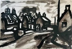 View of Cottages, Norfolk by David Smith. Ink / W/col. ca. 1955: David Smith 1920-1998 Painter using a richly Expressionist palette, draughtsman, printmaker and teacher, born in Lowestoft, Suffolk, where he attended the Technical School, also Lowestoft and Norwich