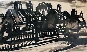 View of Cottages, Norfolk by David Smith. Ink / W/col. ca. 1955: David Smith 1920-1998 Painter using a richly Expressionist palette, draughtsman, printmaker and teacher, born in Lowestoft, Suffolk, where he attended the Technical School, also Lowestoft and Norwich