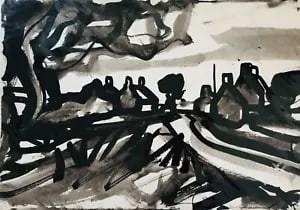 View of Cottages, Norfolk by David Smith. Ink / W/col. ca. 1955: David Smith 1920-1998 Painter using a richly Expressionist palette, draughtsman, printmaker and teacher, born in Lowestoft, Suffolk, where he attended the Technical School, also Lowestoft and Norwich