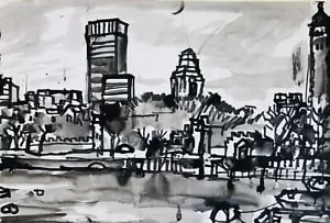 Study of Buildings by a river? by David Smith. W/col. ca. 1960: David Smith 1920-1998 Painter using a richly Expressionist palette, draughtsman, printmaker and teacher, born in Lowestoft, Suffolk, where he attended the Technical School, also Lowestoft and Norwich
