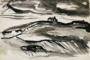 View of an extensive landscape by David Smith. Ink / W/col. ca. 1955: David Smith 1920-1998 Painter using a richly Expressionist palette, draughtsman, printmaker and teacher, born in Lowestoft, Suffolk, where he attended the Technical School, also Lowestoft and Norwich