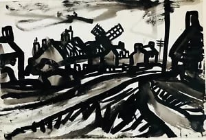 View of a Village, Norfolk? by David Smith. Ink / W/col. ca. 1956: David Smith 1920-1998 Painter using a richly Expressionist palette, draughtsman, printmaker and teacher, born in Lowestoft, Suffolk, where he attended the Technical School, also Lowestoft and Norwich