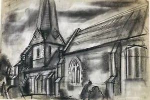 View of a Church, Norfolk? by David Smith. Charcoal & Chalk. ca. 1956: David Smith 1920-1998 Painter using a richly Expressionist palette, draughtsman, printmaker and teacher, born in Lowestoft, Suffolk, where he attended the Technical School, also Lowestoft and Norwich
