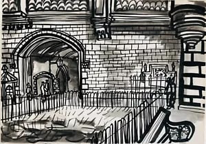 View of a Castle Entrance by David Smith. Ink & wash. ca. 1955: David Smith 1920-1998 Painter using a richly Expressionist palette, draughtsman, printmaker and teacher, born in Lowestoft, Suffolk, where he attended the Technical School, also Lowestoft and Norwich