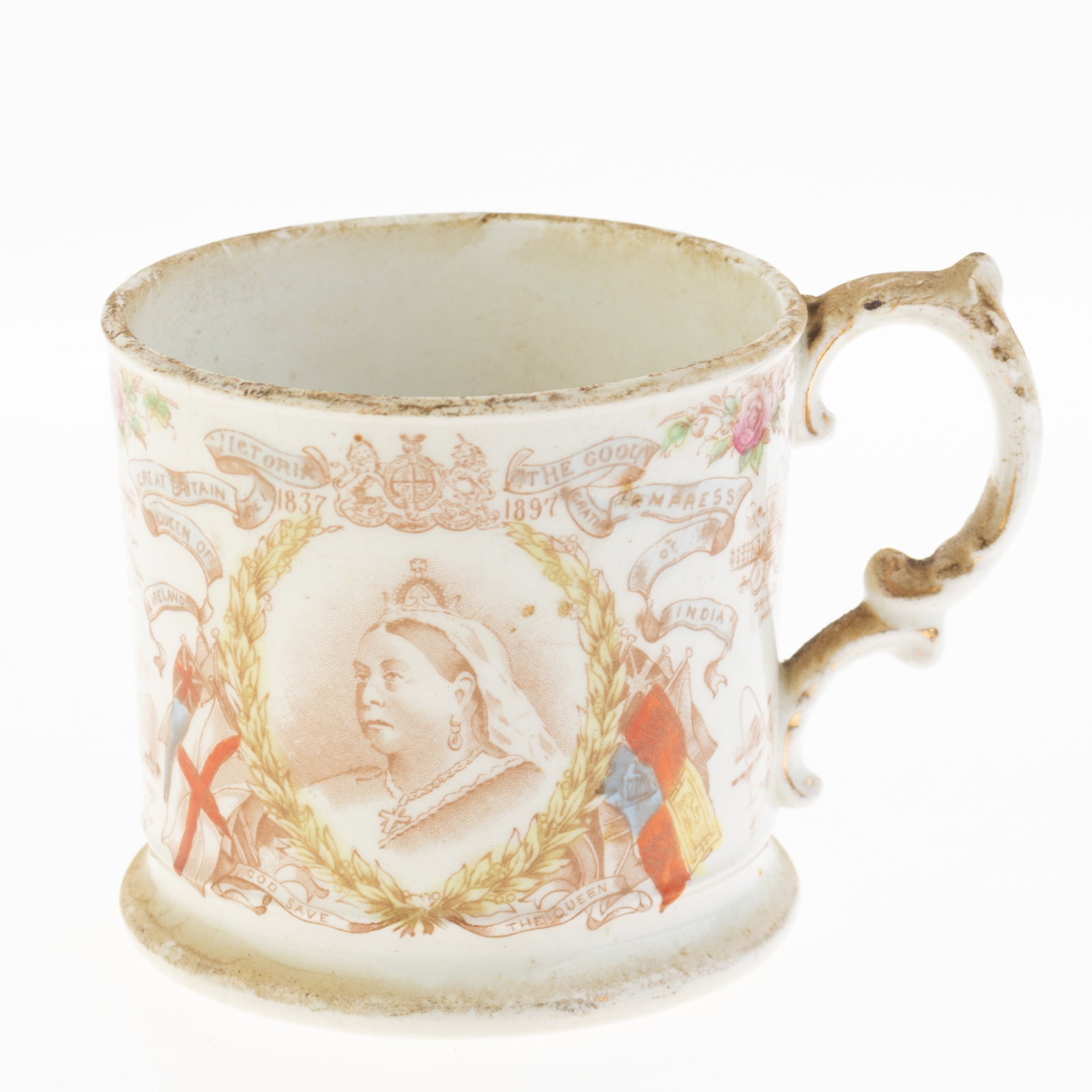 ANTIQUE HARROD'S QUEEN VICTORIA PORCELAIN MUG: Kindly examine all photographs provided in this listing or ask for a condition report. All items offered are in generally good, pre-owned condition, unless otherwise specifically described. The item i