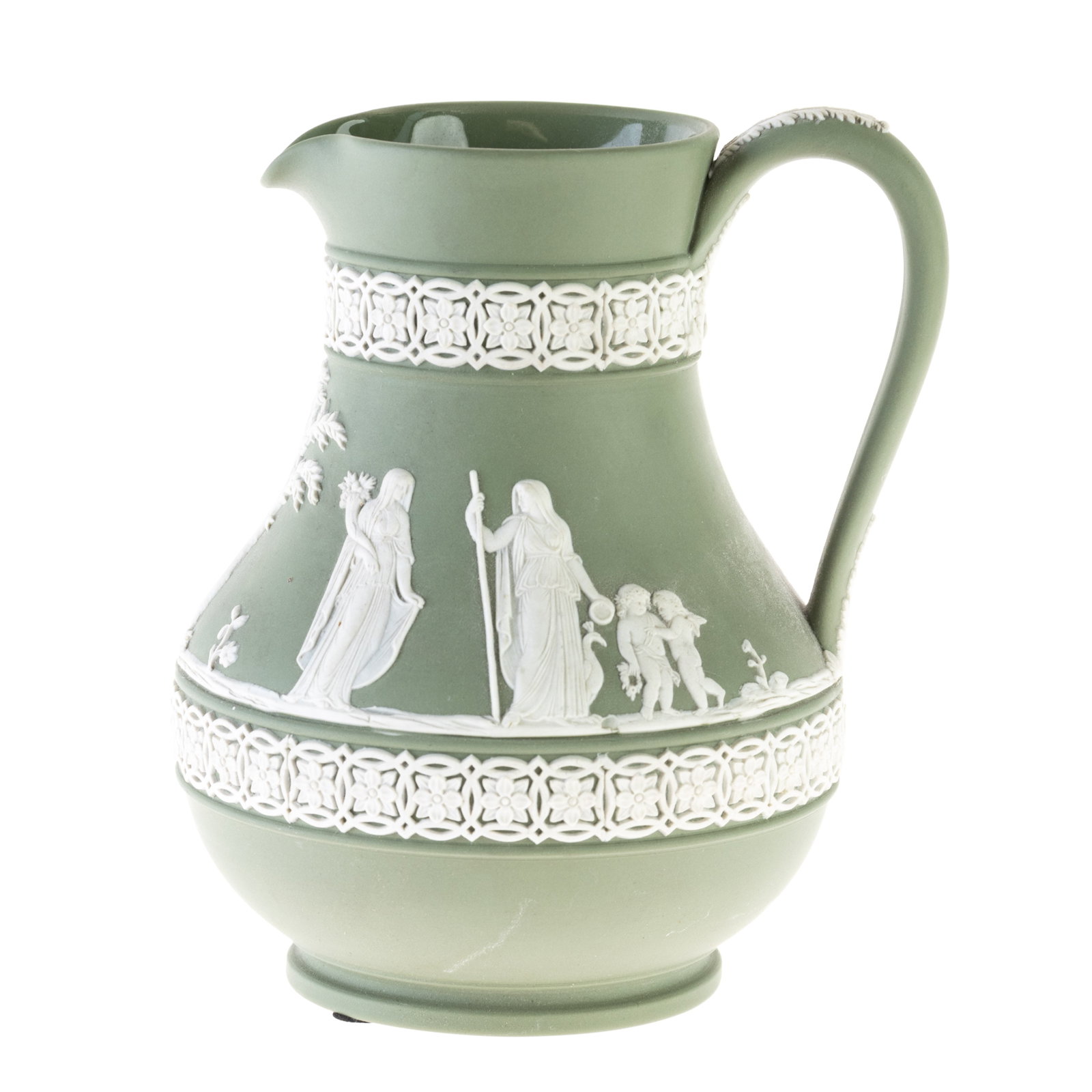 WEDGWOOD GREEN JASPER PORCELAIN CAMEO CANDLE JUG: (H) 16CM. From a collection of Wedgwood and other selected ceramic/porcelain objects. Kindly examine all photographs provided in this listing or ask for a condition report. All items offered are in ge