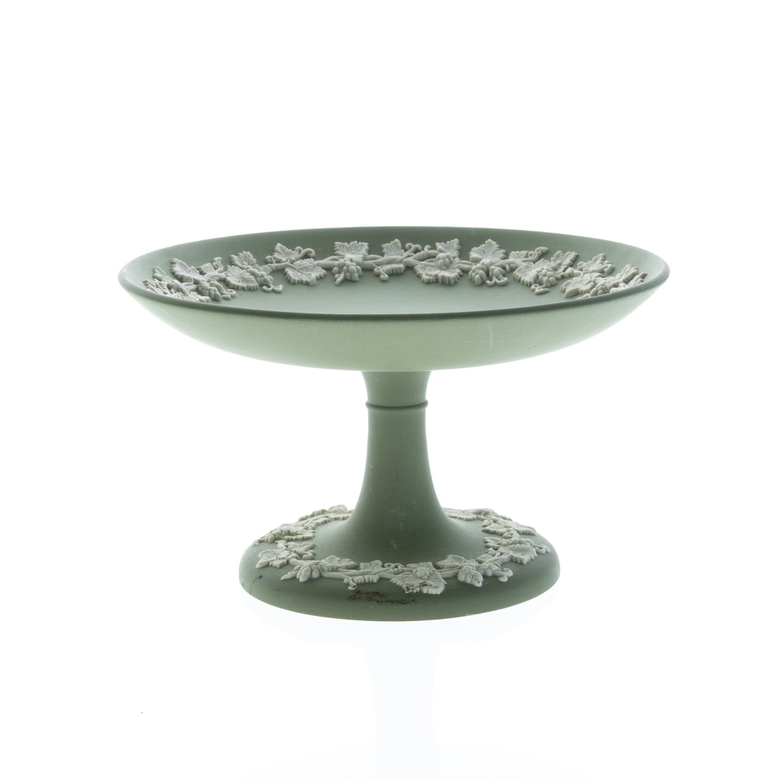 WEDGWOOD GREEN JASPER CERAMIC CLASSICAL TAZZA: (H) 9CM.From a collection of Wedgwood and other selected ceramic/porcelain objects. Kindly examine all photographs provided in this listing or ask for a condition report. All items offered are in gene