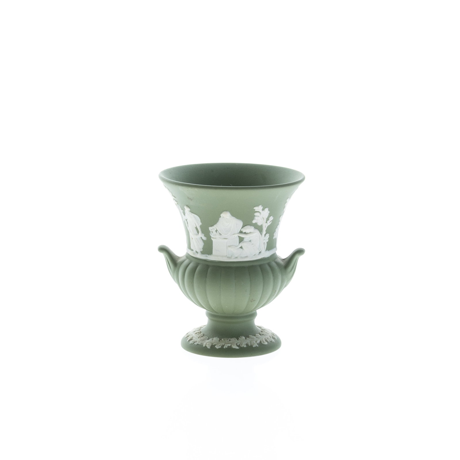 WEDGWOOD GREEN JASPER CERAMIC CLASSICAL URN VASE: (H) 8.5CM.From a collection of Wedgwood and other selected ceramic/porcelain objects. Kindly examine all photographs provided in this listing or ask for a condition report. All items offered are in ge