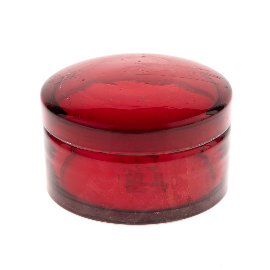 RUBY GLASS LIDDED BOX: From a collection of Wedgwood and other selected ceramic/porcelain objects. Kindly examine all photographs provided in this listing or ask for a condition report. All items offered are in generally go