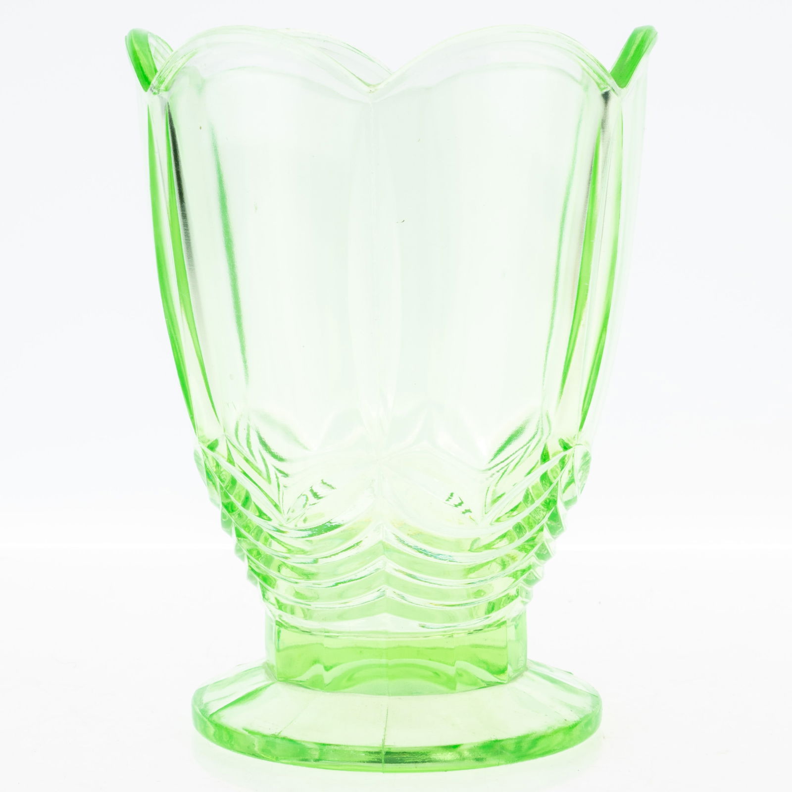 1930S ART DECO URANIUM GREEN GLASS VASE OF TULIP FORM (1 of 3)