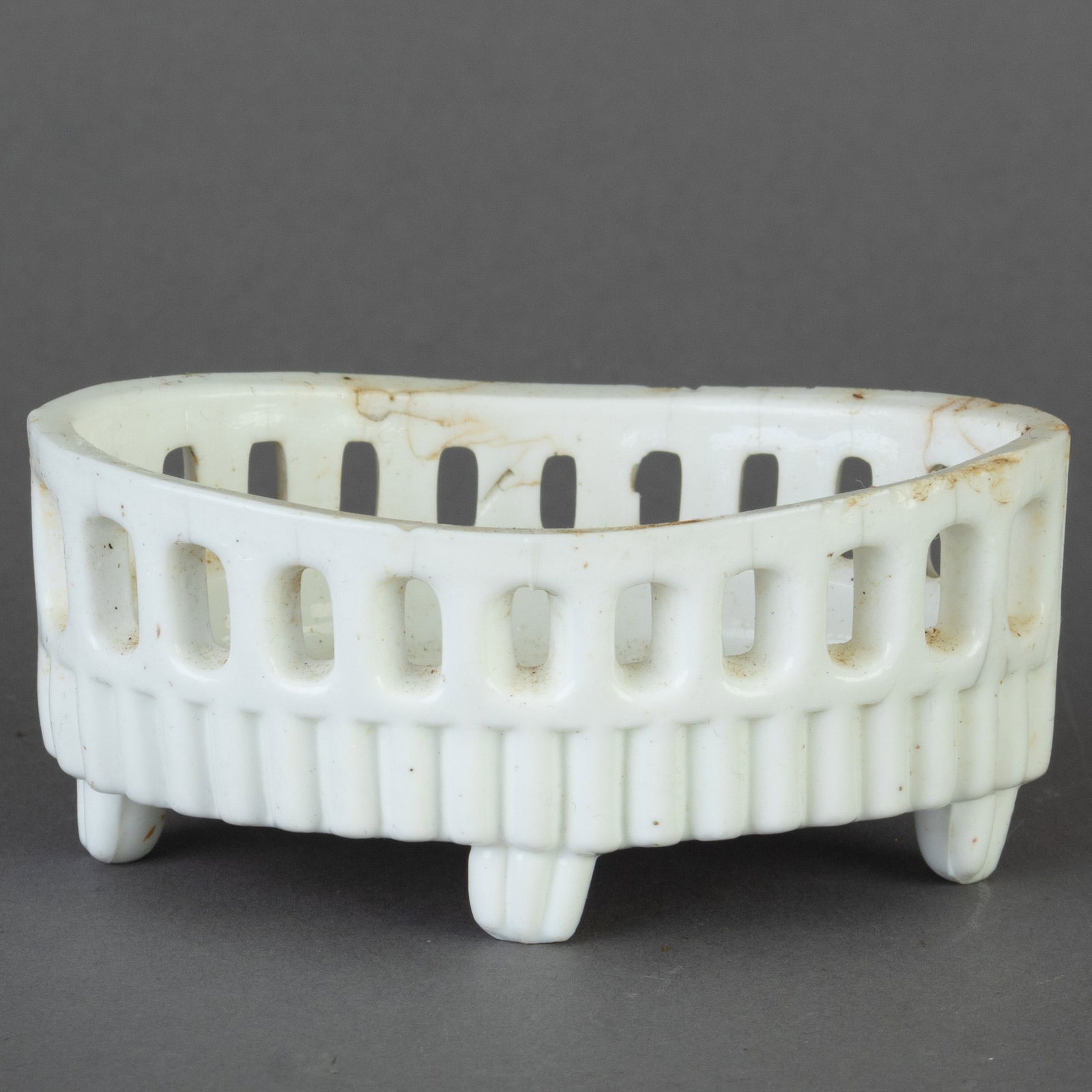 SOWERBY VICTORIAN PRESSED MILK GLASS BASKET: From a collection of Wedgwood and other selected ceramic/porcelain objects. Kindly examine all photographs provided in this listing or ask for a condition report. All items offered are in generally go