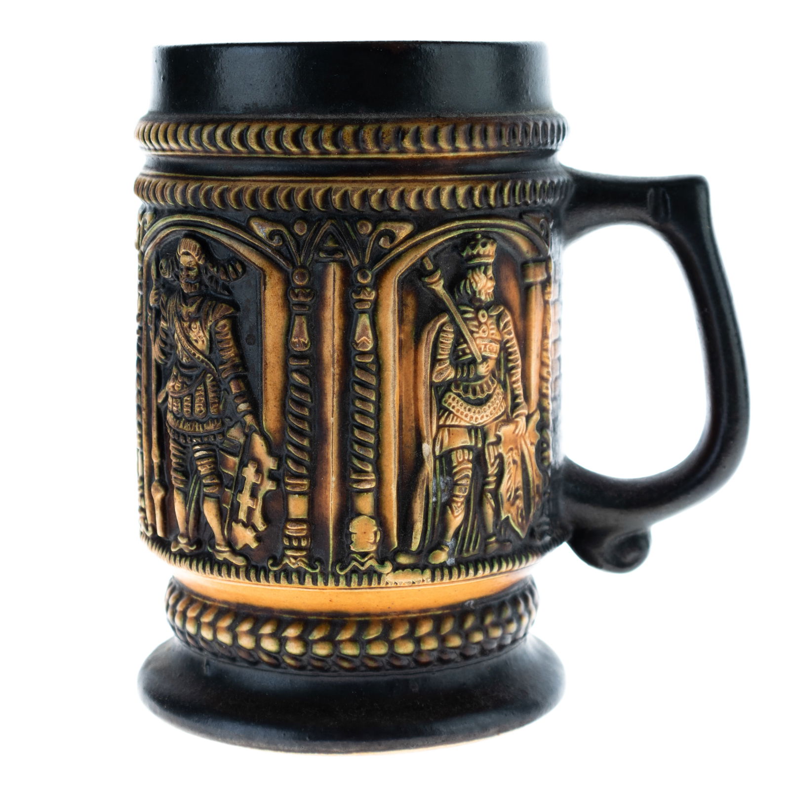 MEDIEVAL STYLE BAS RELIEF GERMAN CERAMIC BEER STEIN TANKARD (1 of 4)