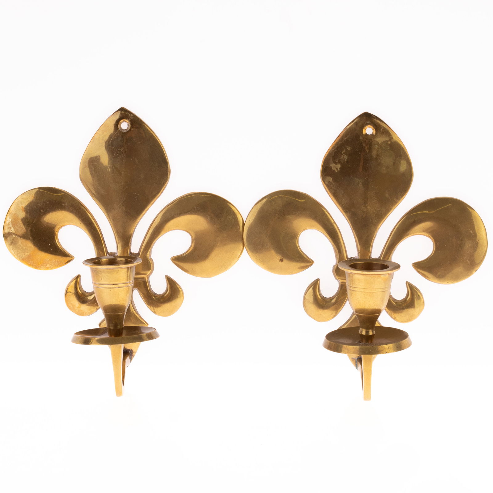ANTIQUE PAIR OF FLEUR DE LIS BRASS CANDLE WALL SCONCES (1 of 3)