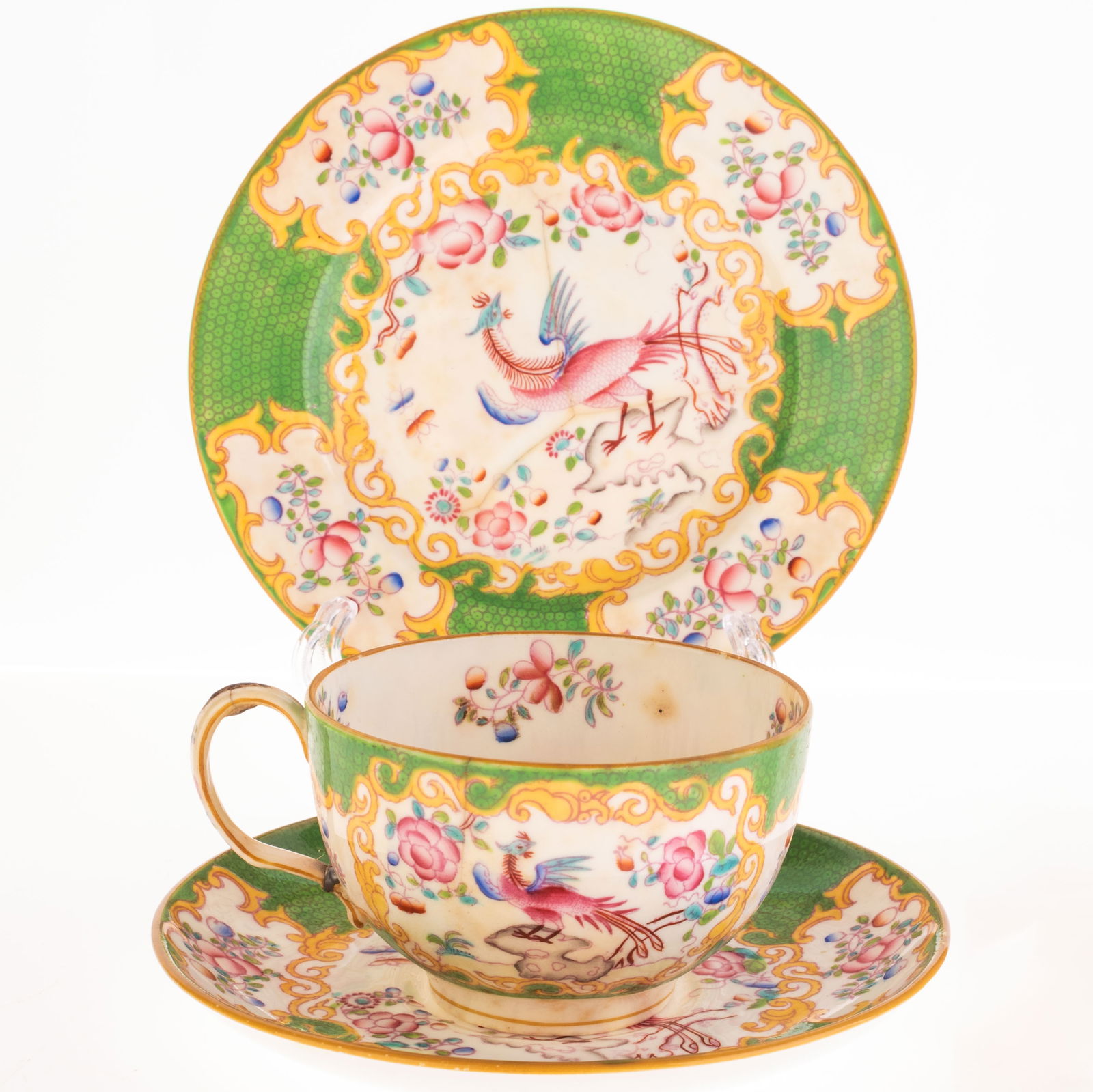 ANTIQUE MINTONS PORCELAIN ASIATIC BIRD TEACUP WITH SAUCERS: From a collection of Wedgwood and other selected ceramic/porcelain objects. Kindly examine all photographs provided in this listing or ask for a condition report. All items offered are in generally go