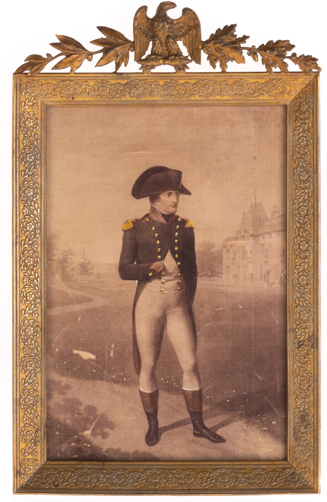 NAPOLEON MINIATURE SILK EMBROIDERY IN EMPIRE FRAME: 13x21x1.5CM.From a collection of Wedgwood and other selected ceramic/porcelain objects. Kindly examine all photographs provided in this listing or ask for a condition report. All items offered are in 
