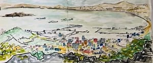 Panoramic view of a Bay of Japan: David Smith 1920-1998 Painter using a richly Expressionist palette, draughtsman, printmaker and teacher, born in Lowestoft, Suffolk, where he attended the Technical School, also Lowestoft and Norwich