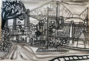 Forth Bridge by David Smith. Signed & dated 1954: David Smith 1920-1998 Painter using a richly Expressionist palette, draughtsman, printmaker and teacher, born in Lowestoft, Suffolk, where he attended the Technical School, also Lowestoft and Norwich