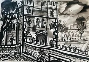 View of a Castle by David Smith. Ink / W/col. ca. 1955: David Smith 1920-1998 Painter using a richly Expressionist palette, draughtsman, printmaker and teacher, born in Lowestoft, Suffolk, where he attended the Technical School, also Lowestoft and Norwich