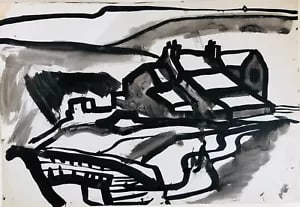 A View of Yorkshire by David Smith. Ink / W/col. ca. 1955: David Smith 1920-1998 Painter using a richly Expressionist palette, draughtsman, printmaker and teacher, born in Lowestoft, Suffolk, where he attended the Technical School, also Lowestoft and Norwich