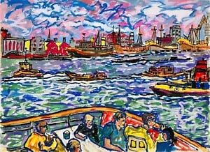 Lunch on a Cruise. D. Smith ca. 1980s. Mixed Media: David Smith 1920-1998 Painter using a richly Expressionist palette, draughtsman, printmaker and teacher, born in Lowestoft, Suffolk, where he attended the Technical School, also Lowestoft and Norwich