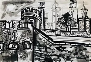 View of a Castle & Environs by David Smith. Ink / W/col. ca. 1955: David Smith 1920-1998 Painter using a richly Expressionist palette, draughtsman, printmaker and teacher, born in Lowestoft, Suffolk, where he attended the Technical School, also Lowestoft and Norwich