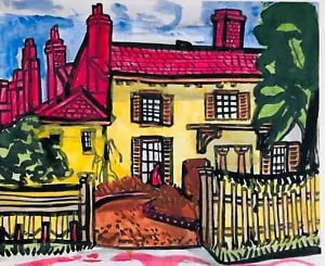 David Smith. Country Cottage. Ink / W/col. ca. 1954: David Smith 1920-1998 Painter using a richly Expressionist palette, draughtsman, printmaker and teacher, born in Lowestoft, Suffolk, where he attended the Technical School, also Lowestoft and Norwich