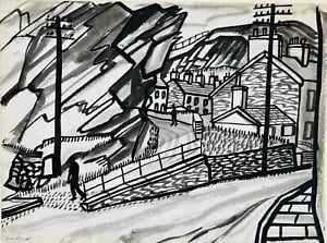 Study of a Welsh Village by David Smith. W/col., pen & ink dated 1955: David Smith 1920-1998 Painter using a richly Expressionist palette, draughtsman, printmaker and teacher, born in Lowestoft, Suffolk, where he attended the Technical School, also Lowestoft and Norwich