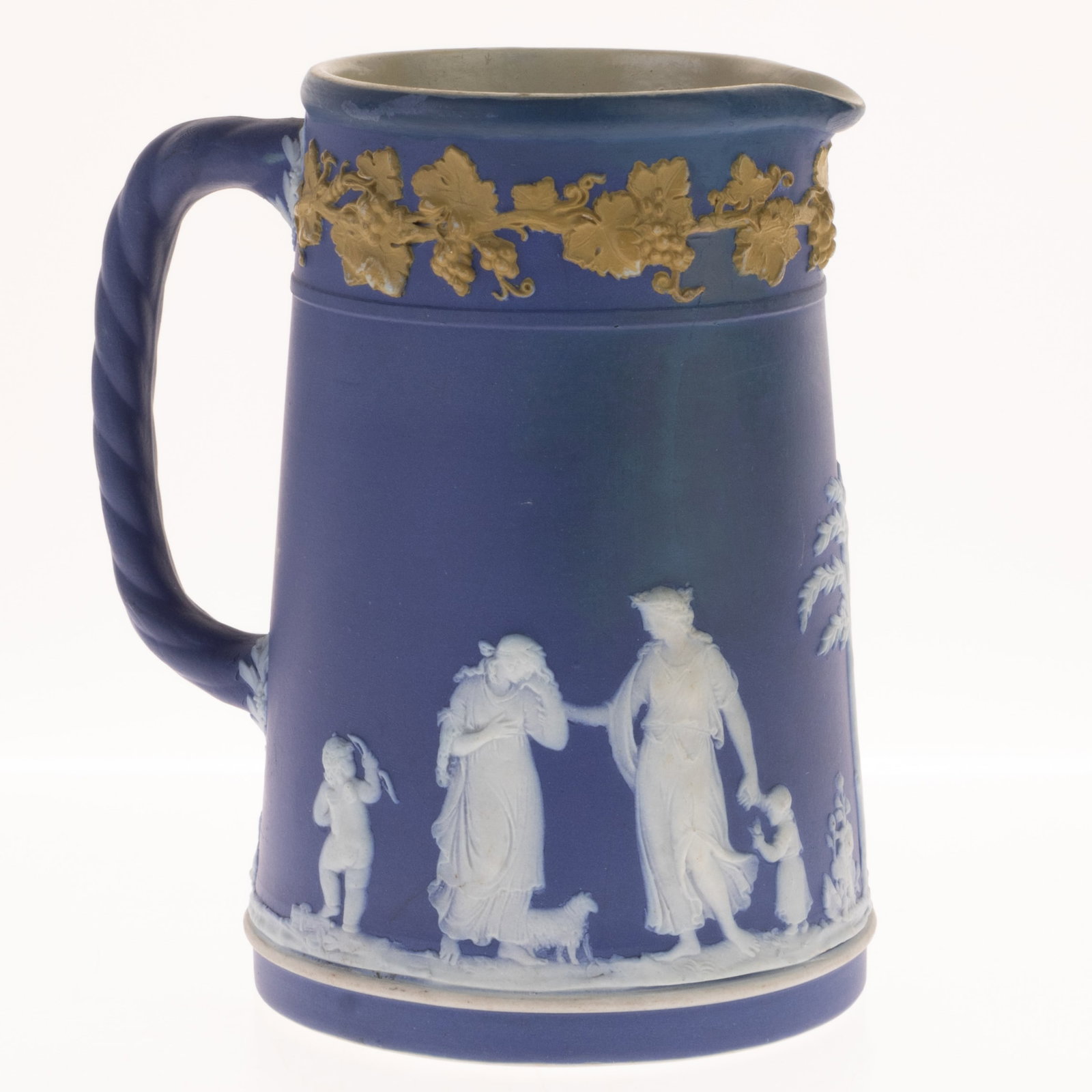 ANTIQUE WEDGWOOD BLUE JASPER CAMEO CLASSICAL JUG: Kindly examine all photographs provided in this listing or ask for a condition report. All items offered are in generally good, pre-owned condition, unless otherwise specifically described, sold as se