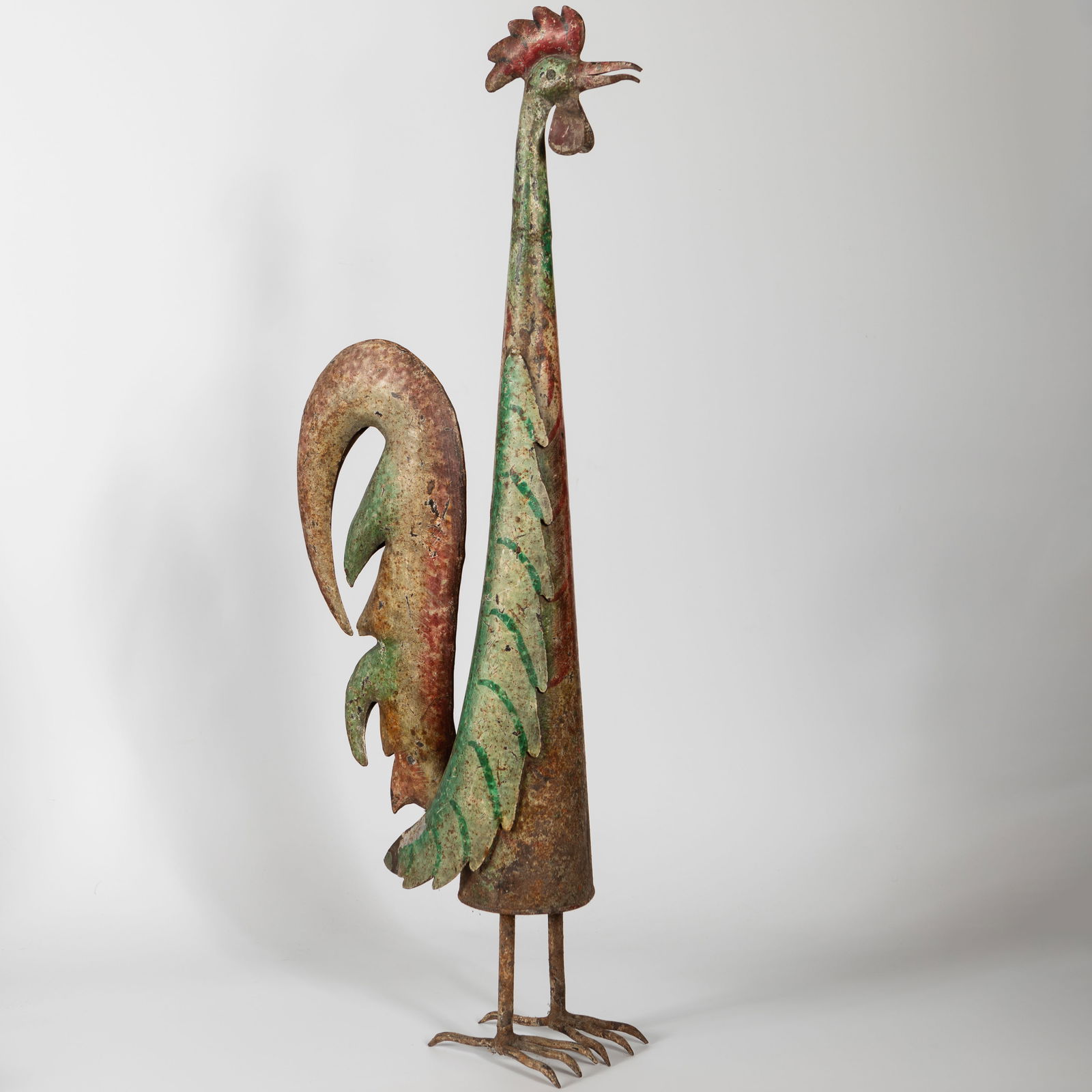 ANTIQUE FOLK ART HAND PAINTED TOLEWARE METAL ROOSTER SCULPTURE (1 of 3)