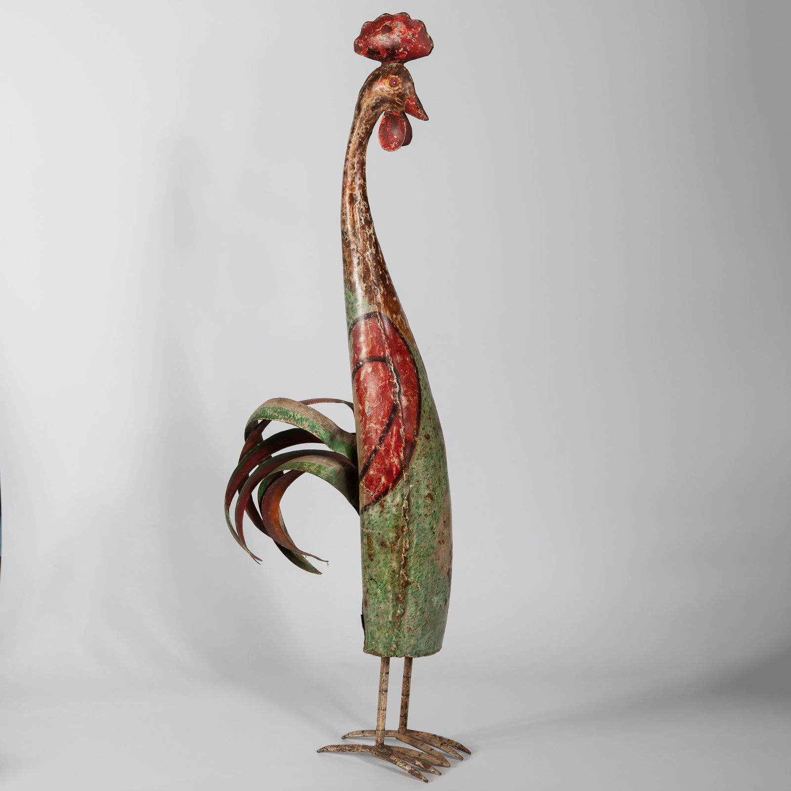 ANTIQUE FOLK ART HAND PAINTED TOLEWARE METAL ROOSTER SCULPTURE (1 of 3)