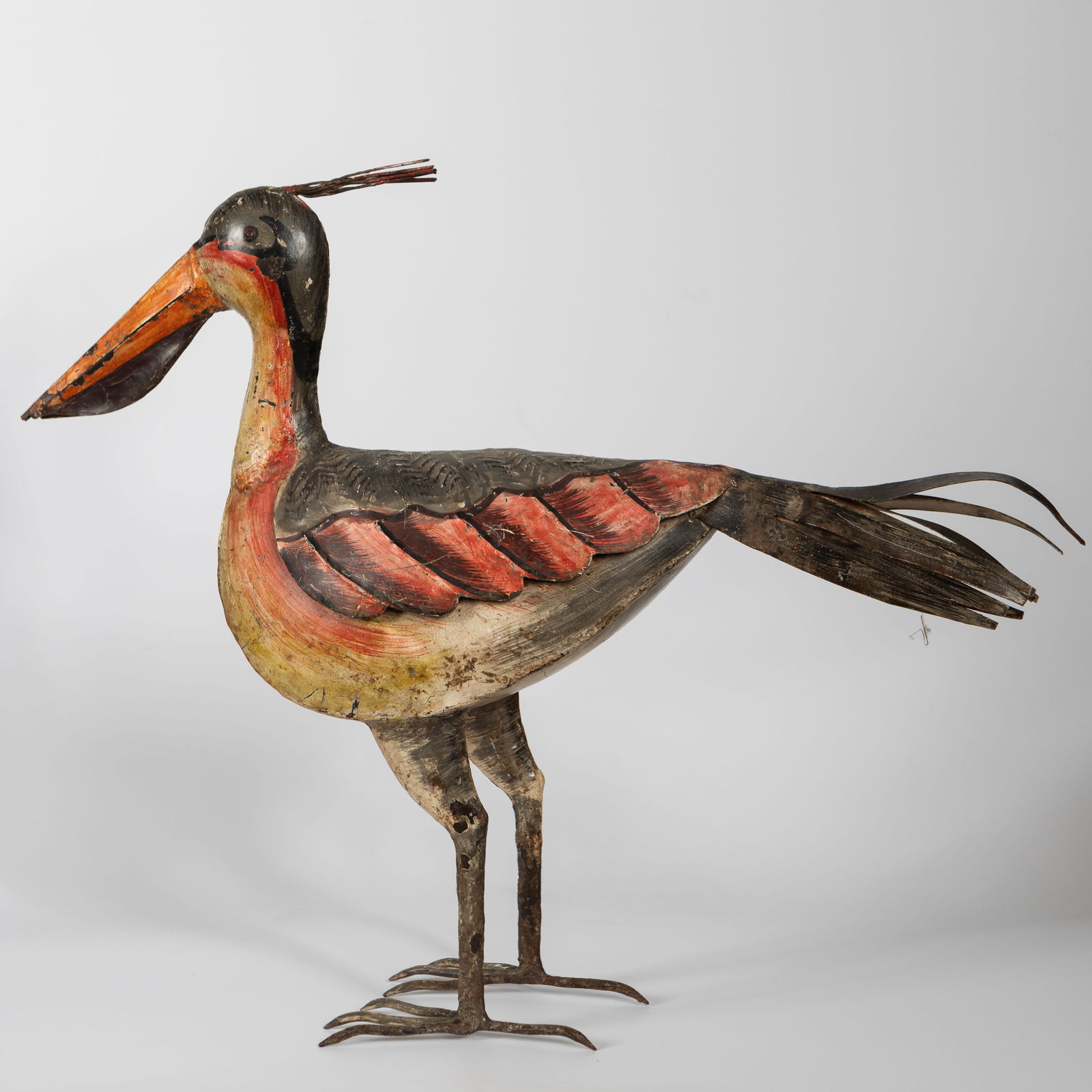 ANTIQUE FOLK ART HAND PAINTED TOLEWARE METAL PELICAN SCULPTURE (1 of 3)