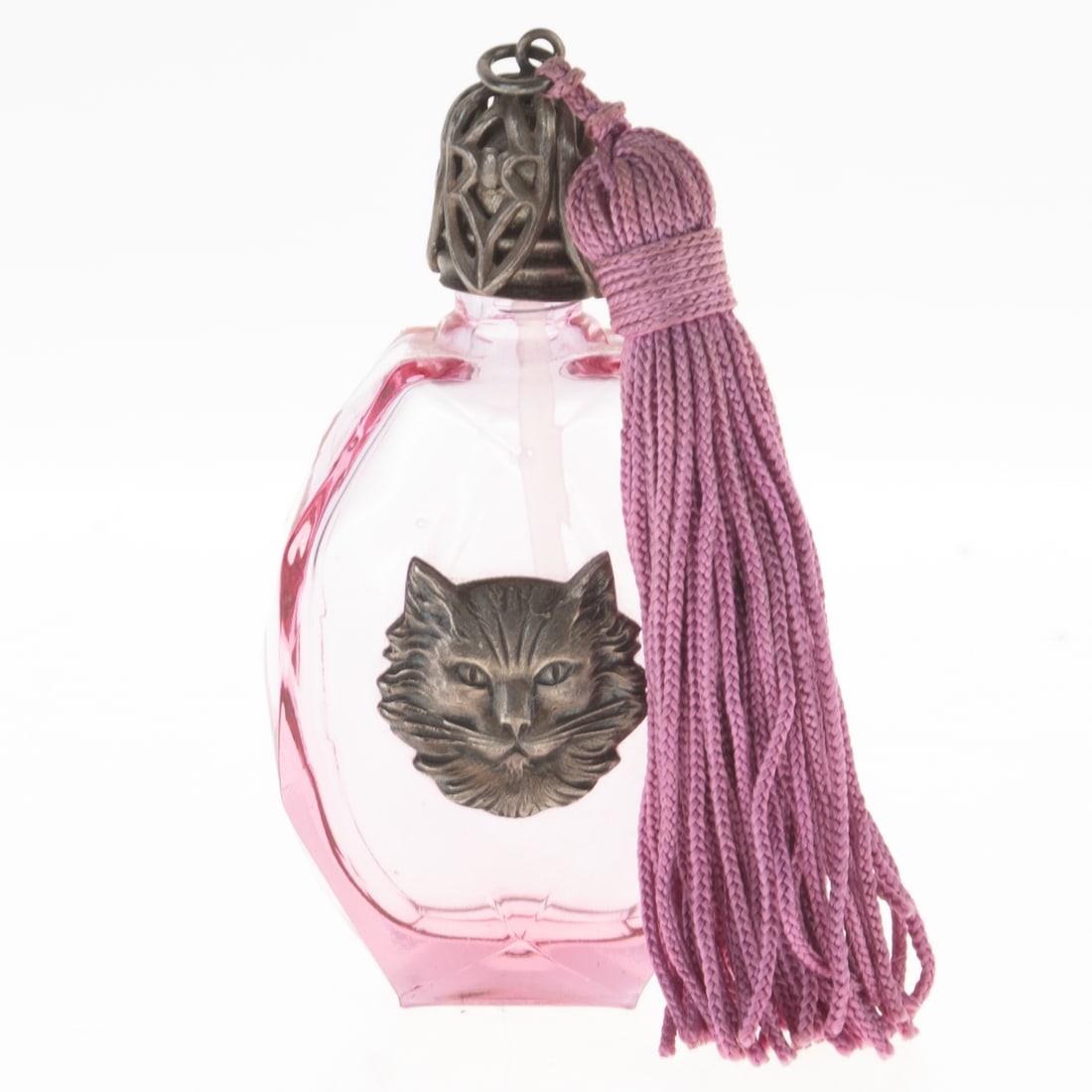 FACETED PINK GLASS PERFUME SCENT BOTTLE WITH PEWTER CAT HEAD & TASSLE: Kindly examine all photographs provided in this listing or ask for a condition report. All items offered are in generally good, pre-owned condition, unless otherwise specifically described, sold as se