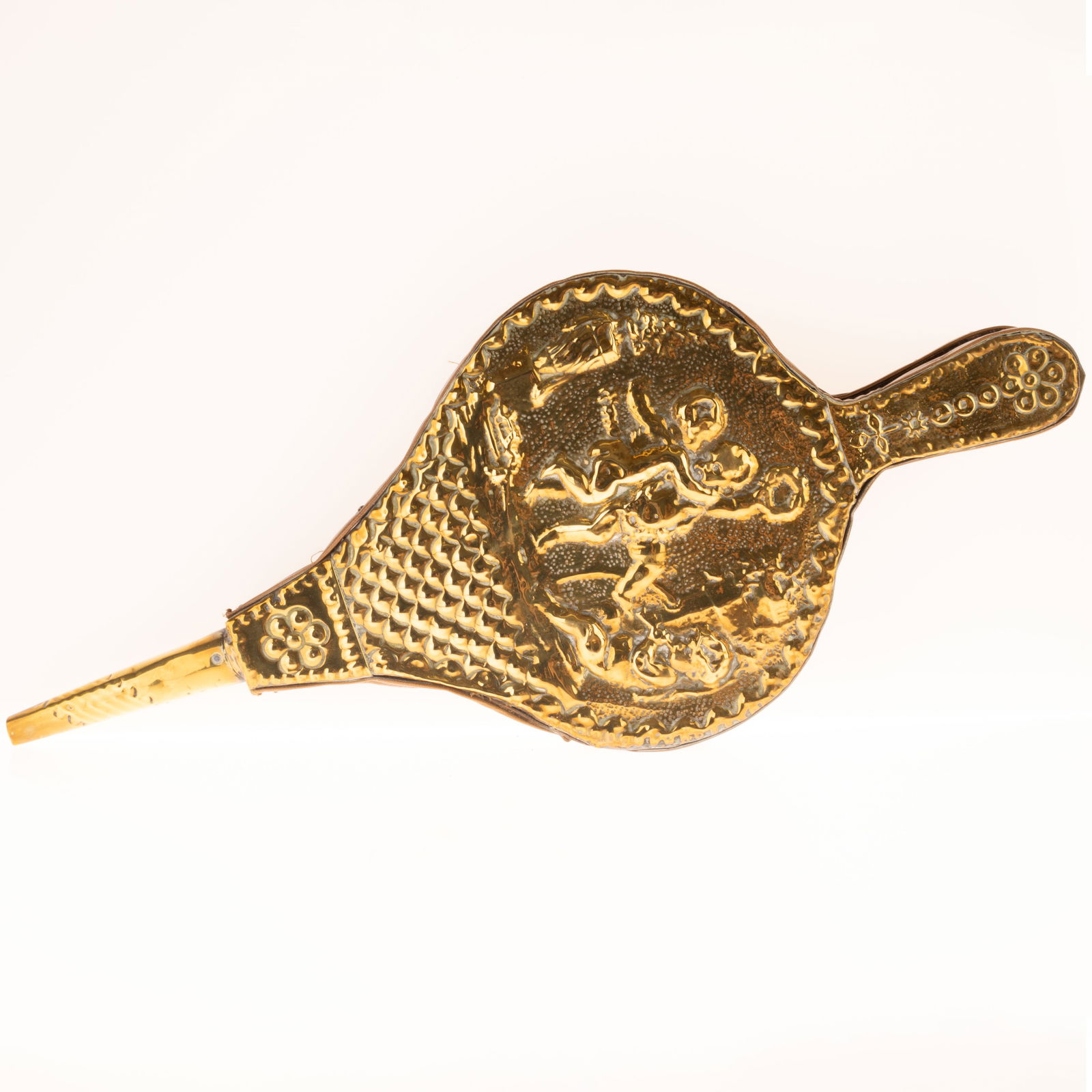 ANTIQUE BRASS FIREPLACE BELLOWS WITH PUTTI: Kindly examine all photographs provided in this listing or ask for a condition report. All items offered are in generally good, pre-owned condition, unless otherwise specifically described, sold as se