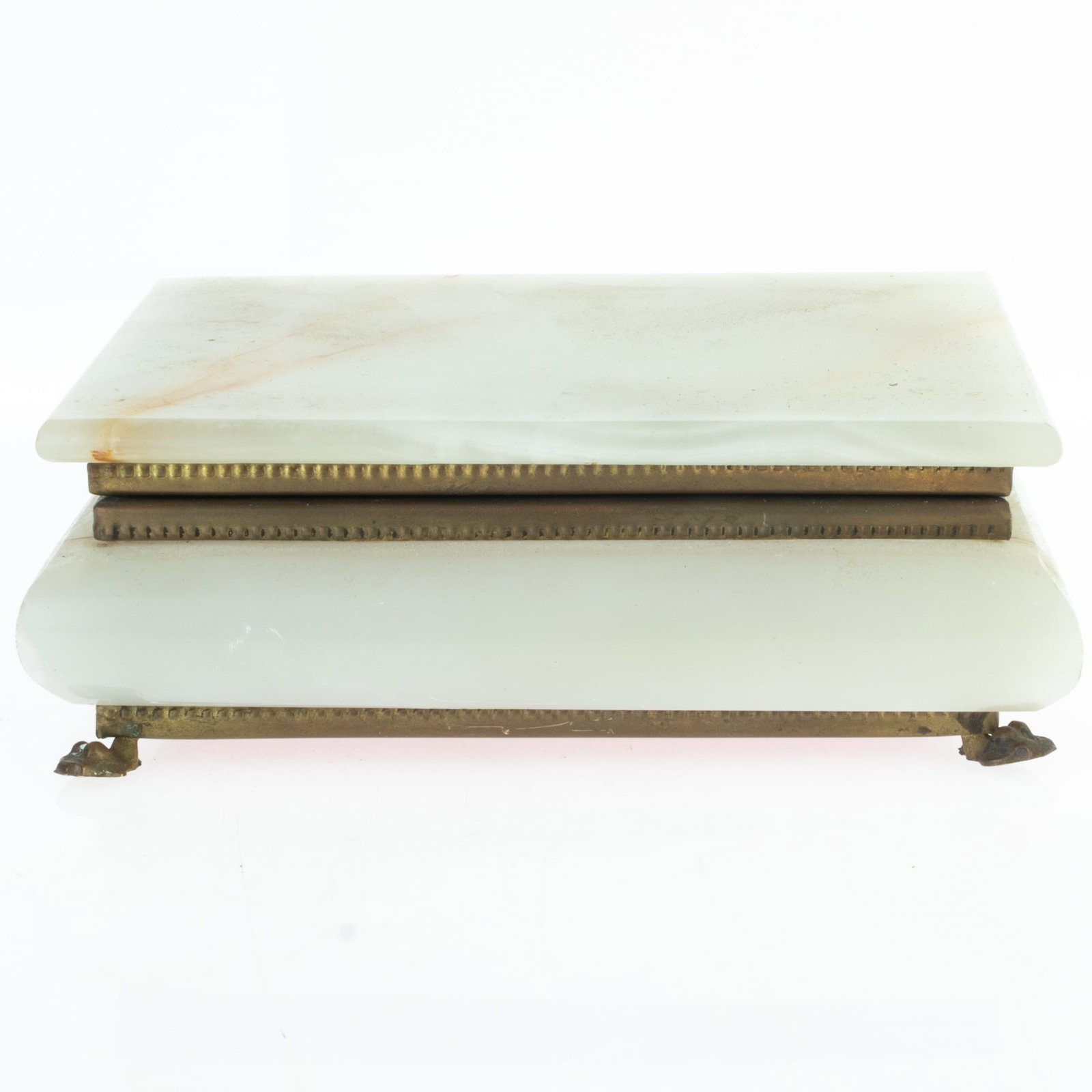 ANTIQUE ONYX PAW-FOOTED JEWELLERY CASKET BOX: From a collection of Wedgwood and other selected ceramic/porcelain objects. Kindly examine all photographs provided in this listing or ask for a condition report. All items offered are in generally go