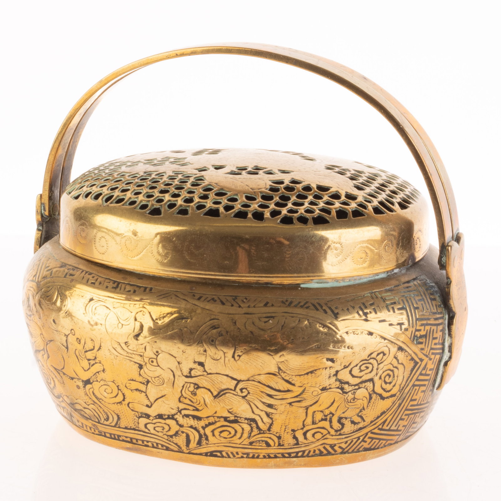ANTIQUE CHINESE CHASED BRASS MYTHICAL LIDDED CENSER: Kindly examine all photographs provided in this listing or ask for a condition report. All items offered are in generally good, pre-owned condition, unless otherwise specifically described. The item i