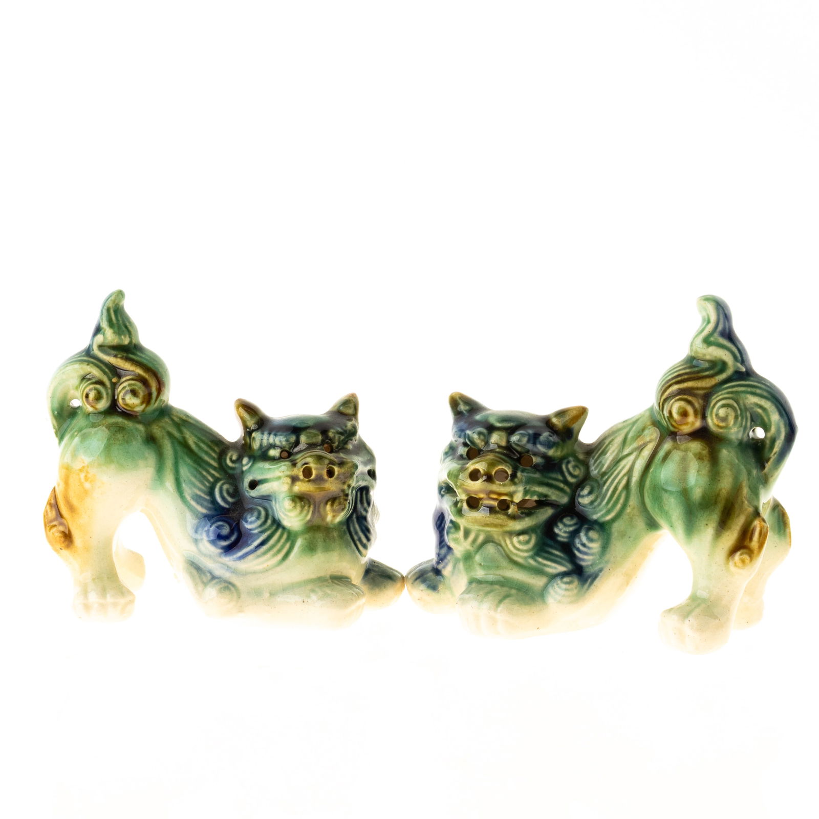 MID CENTURY CHINESE PAIR OF GLAZED CERAMIC POTTERY FOO DOG FIGURES (1 of 6)