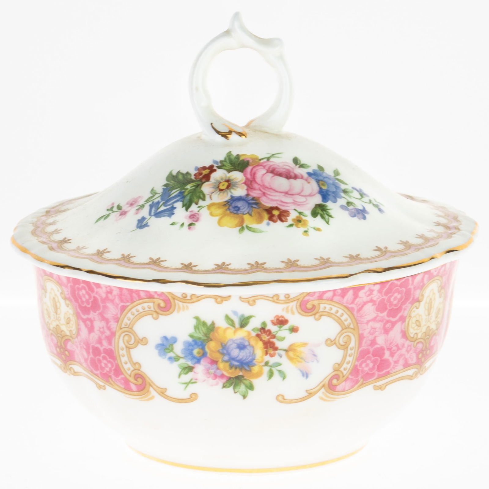 ROYAL ALBERT PINK GROUND PORCELAIN FLORAL LIDDED BOWL (1 of 5)