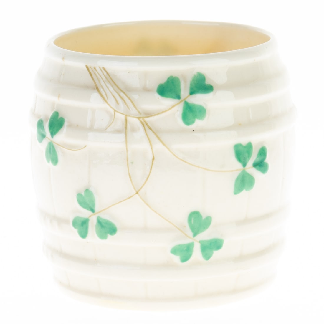 ANTIQUE BELLEEK IRISH PORCELAIN BARREL JAR (1 of 3)