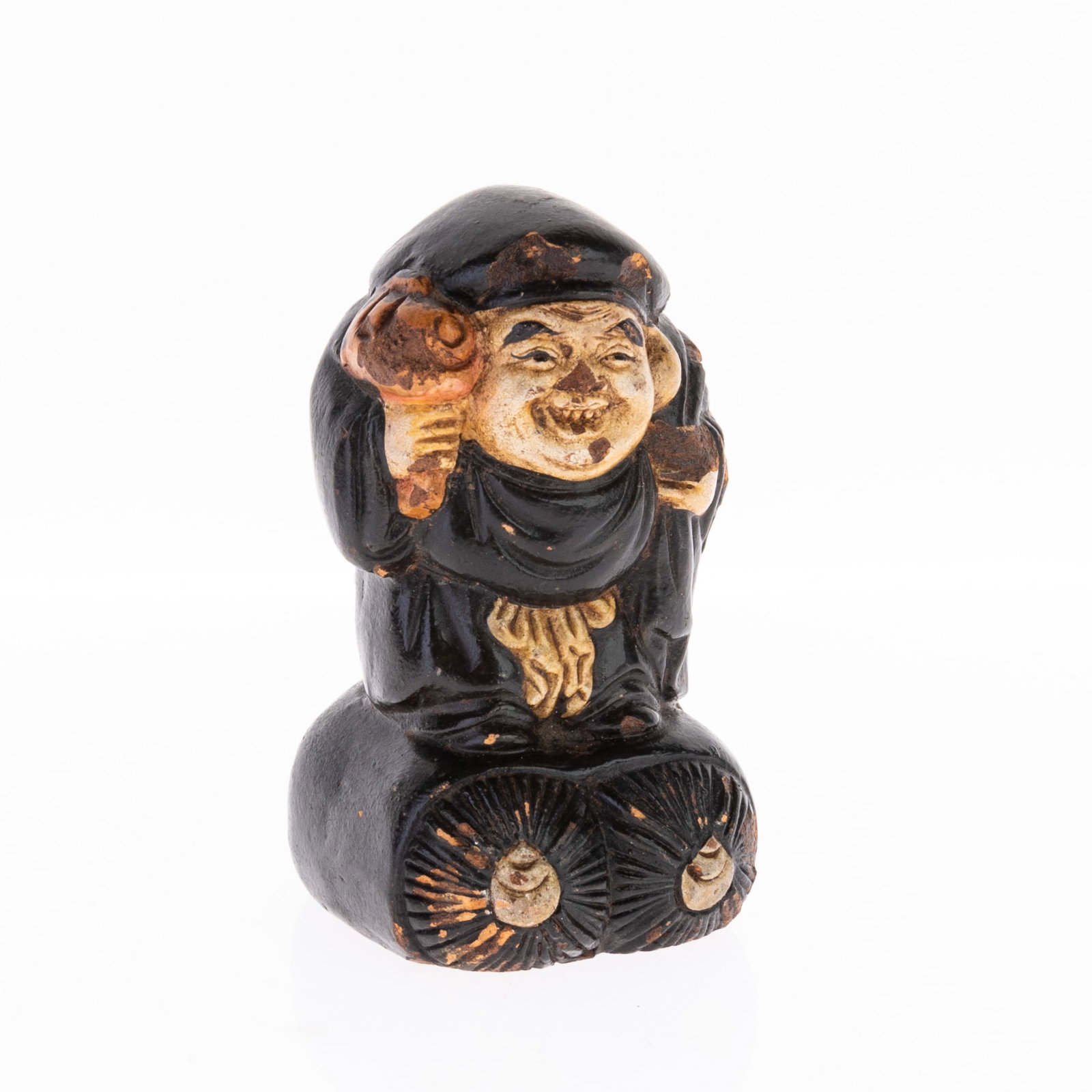 JAPANESE CARVED POLYCHROME WOOD FIGURE OF DAIKOKUTEN GOD OF FORTUNE (1 of 2)