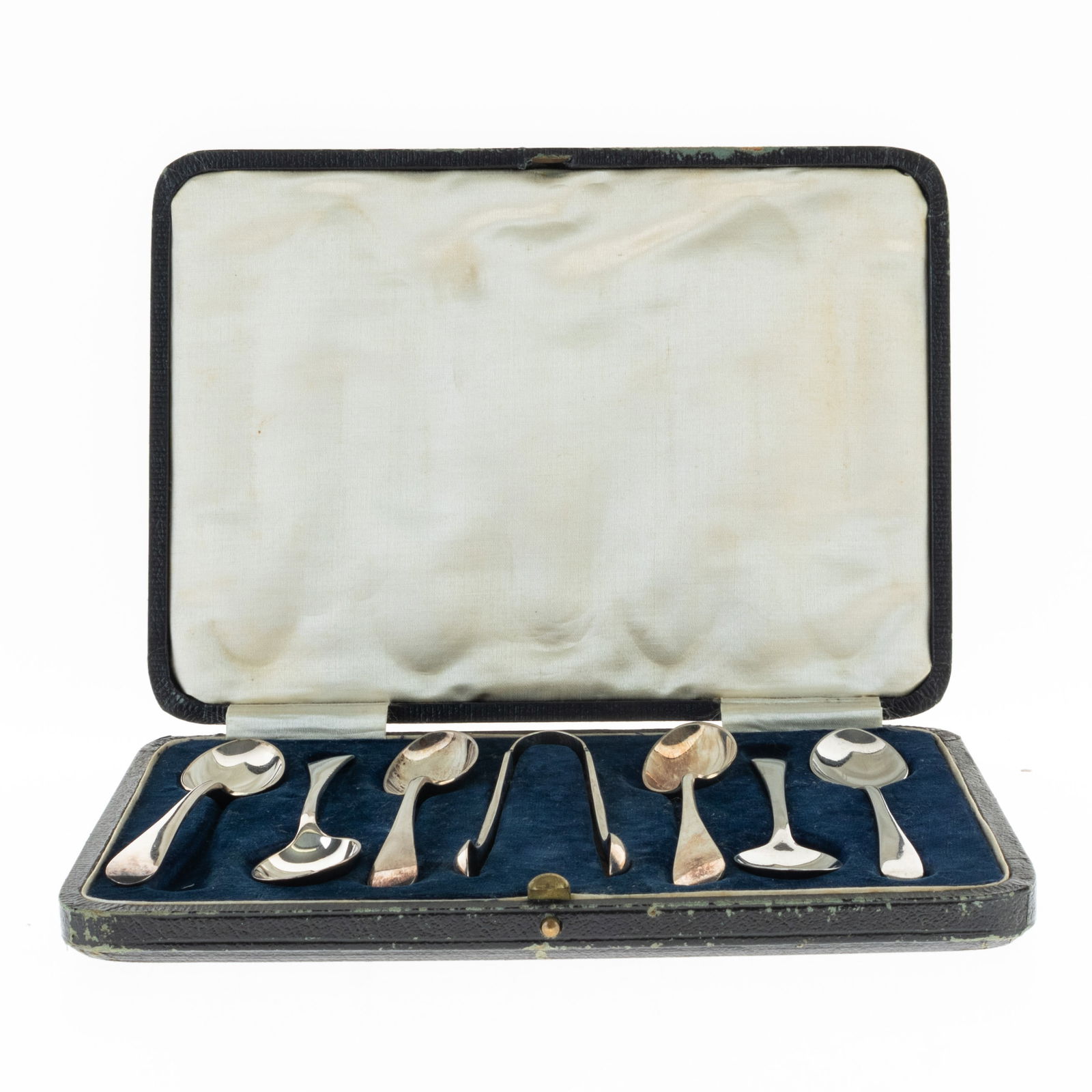 ANTIQUE CASED SET OF SIX SILVER PLATED TEA COFFEE SPOONS WITH SUGAR TONGUES (1 of 4)