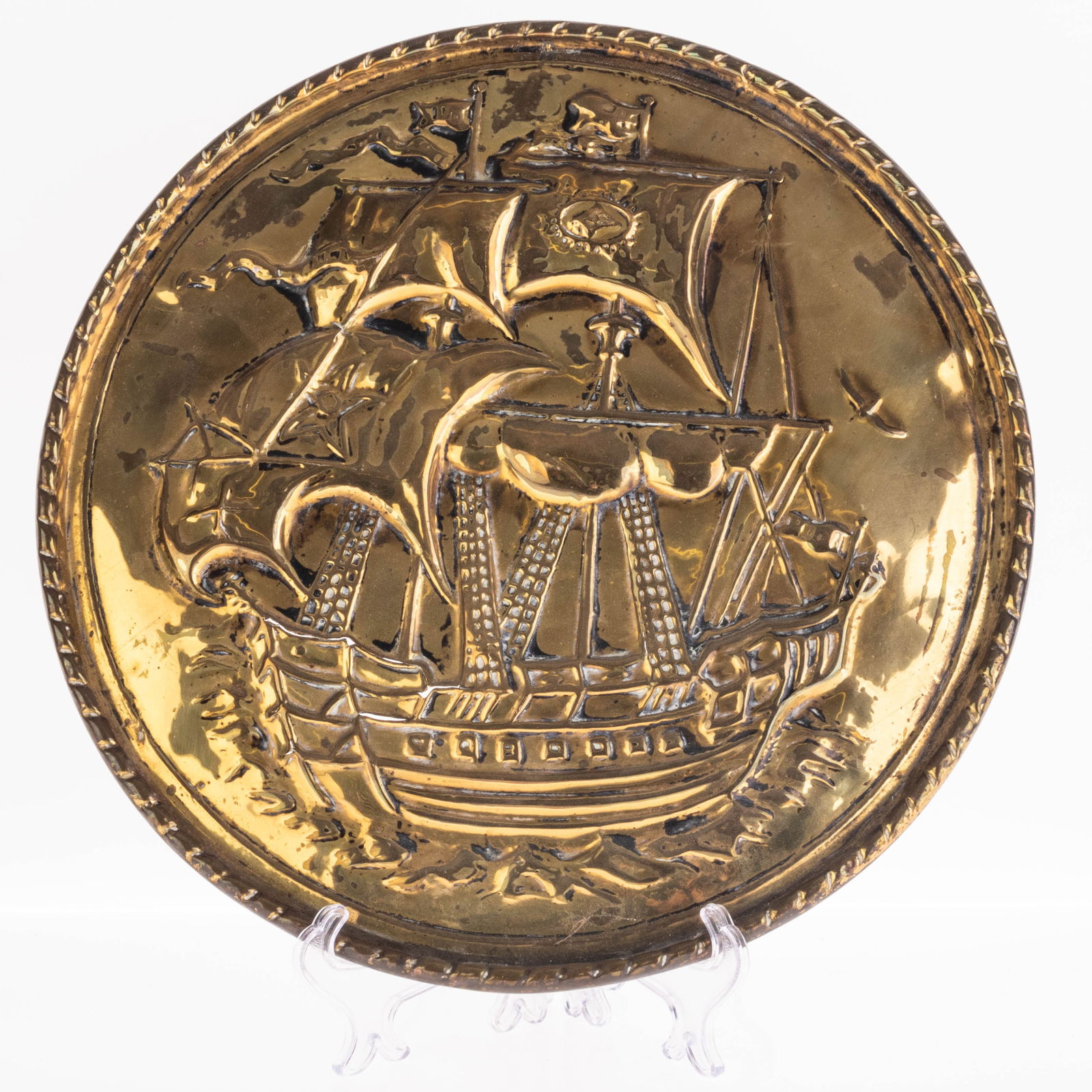 ANTIQUE BRASS GALLEON SHIP BAS RELIEF WALL PLAQUE (1 of 3)