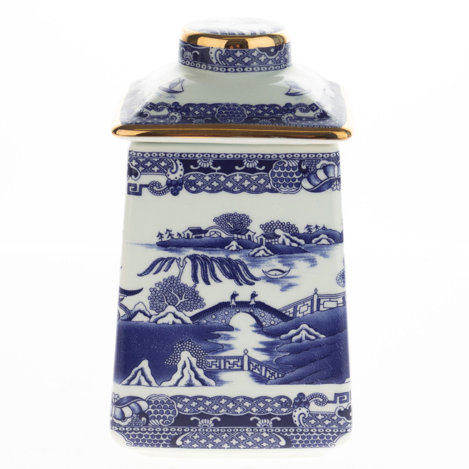 RINGTONS GILT PORCELAIN CERAMIC WILLOW PATTERN LIDDED TEA CADDY (1 of 3)