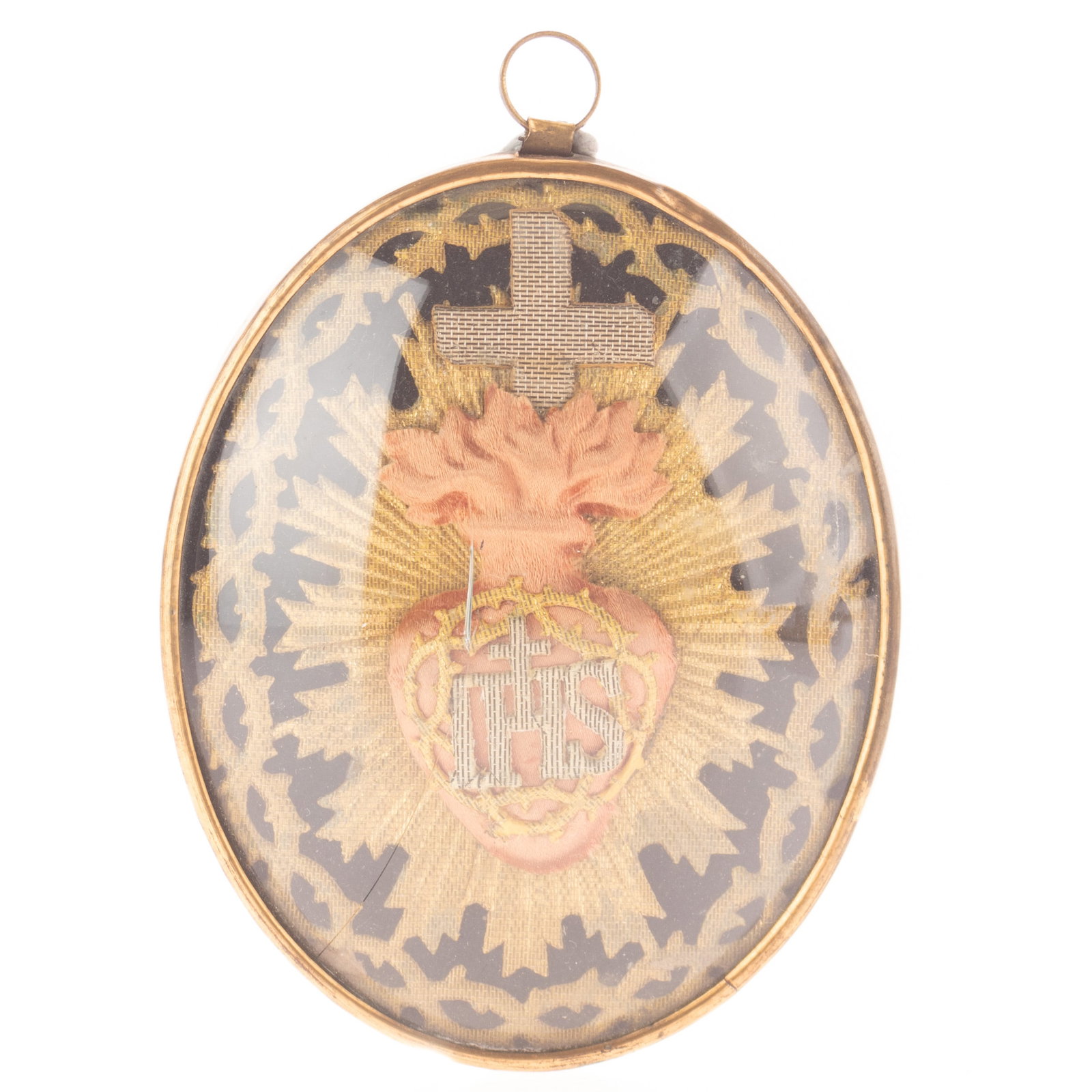 ANTIQUE FRENCH RELIGIOUS SACRED HEART EMBROIDERED EX VOTO RELIQUARY: Kindly examine all photographs provided in this listing or ask for a condition report. All items offered are in generally good, pre-owned condition, unless otherwise specifically described, sold as se